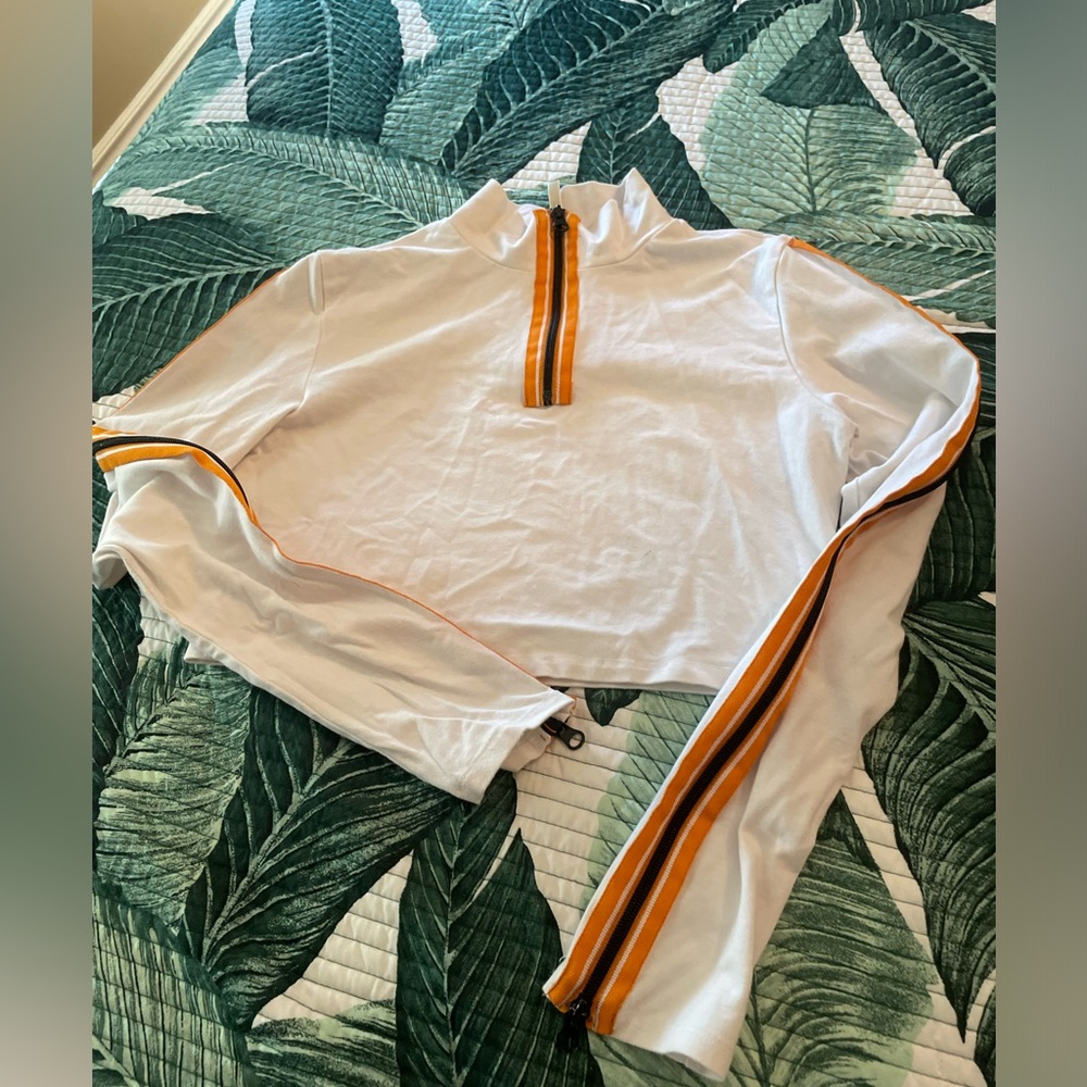 White Cropped Top with Orange and Black Stripes zipper sz m